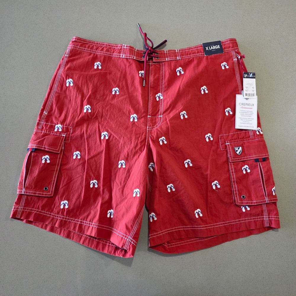 Cremieux Mens Red Flip Flop Embroidered Cargo Swim Trunks XL NWT